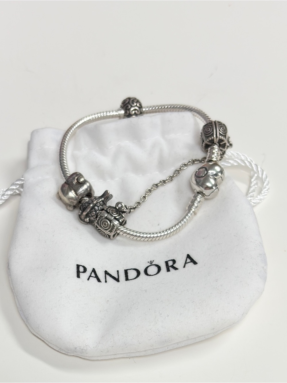 PANDORA Moments Sterling Silver Bracelet with Heart Clasp and charms